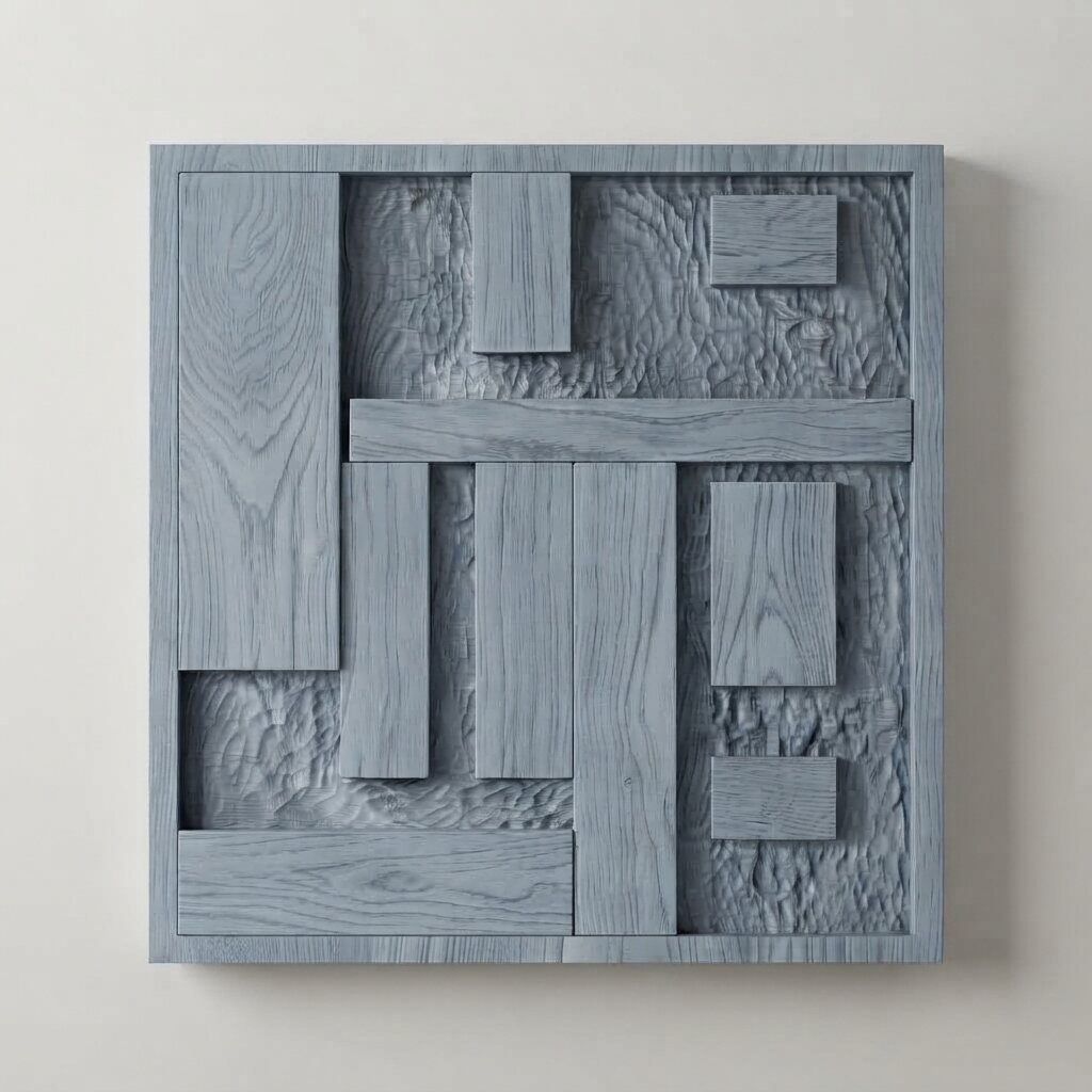 Relief drewniany w szaroniebieskim wybarwieniu, RYT STUDIO
